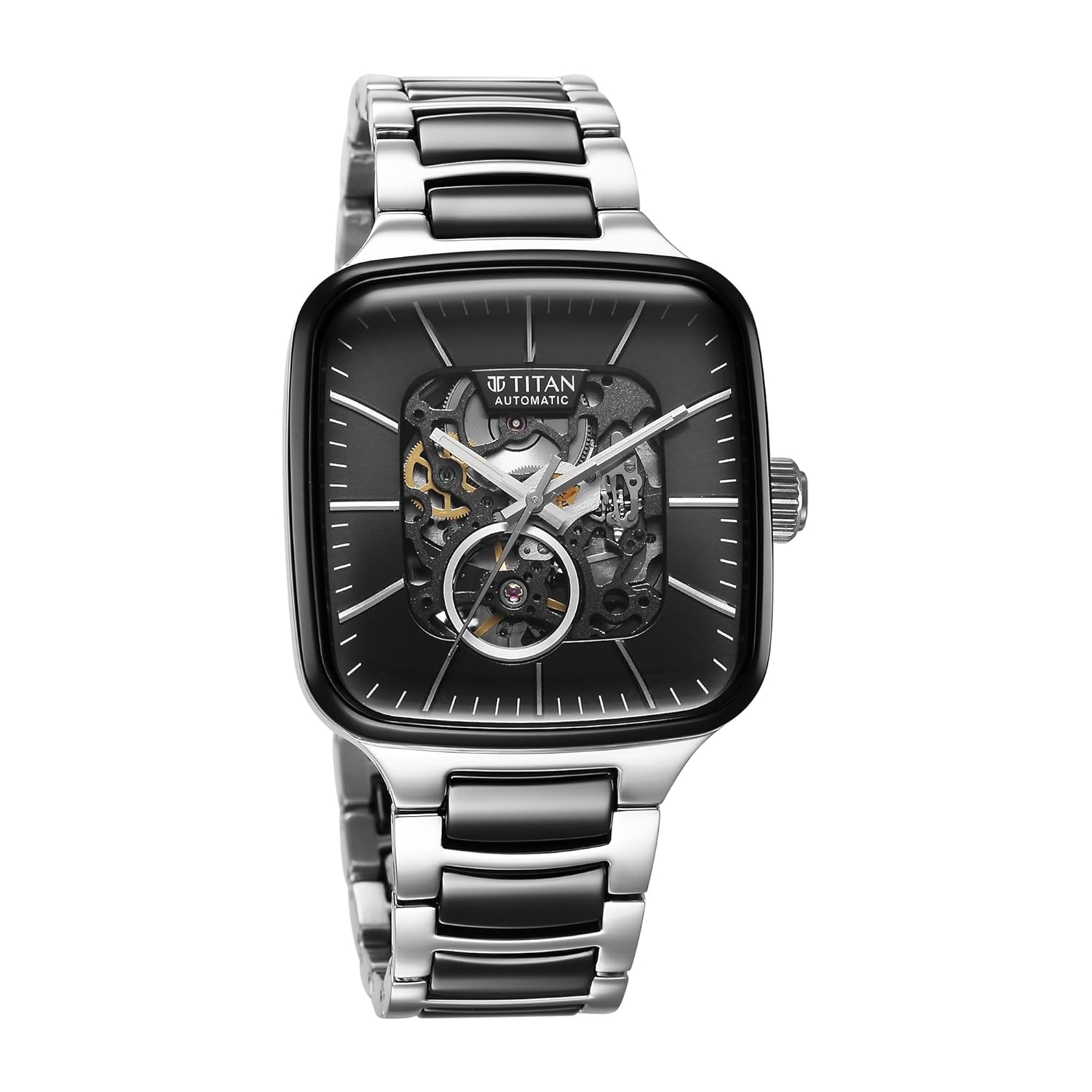Titan Ceramic Fusion Automatic Square Black Dial Silver Dual-Toned Stainless Steel Bracelet Watch for Men