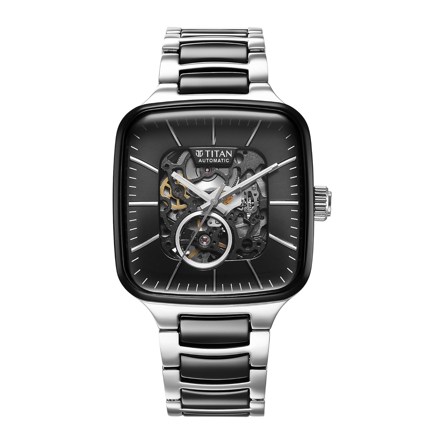 Titan Ceramic Fusion Automatic Square Black Dial Silver Dual-Toned Stainless Steel Bracelet Watch for Men