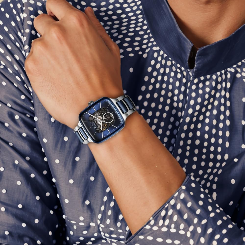 Titan Ceramic Fusion Automatic Square Blue Dial Rose Gold Dual-Toned Stainless Steel Bracelet Watch for Men