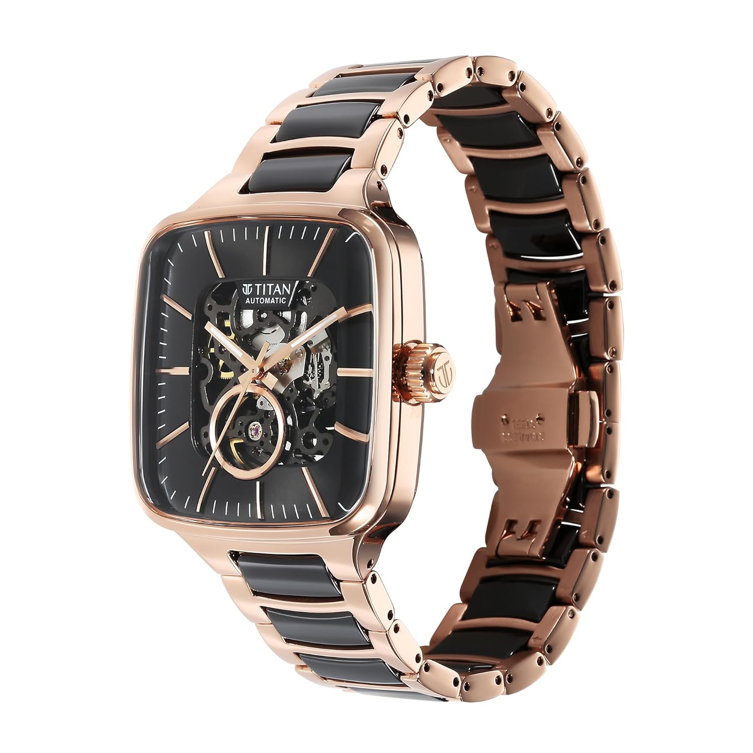 Titan Ceramic Fusion Automatic Square Black Dial Silver Dual-Toned Stainless Steel Bracelet Watch for Men