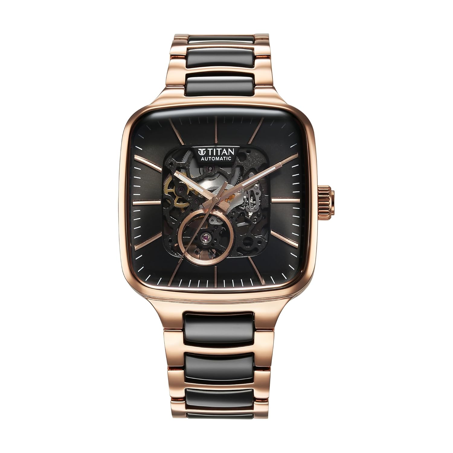 Titan Ceramic Fusion Automatic Square Black Dial Silver Dual-Toned Stainless Steel Bracelet Watch for Men