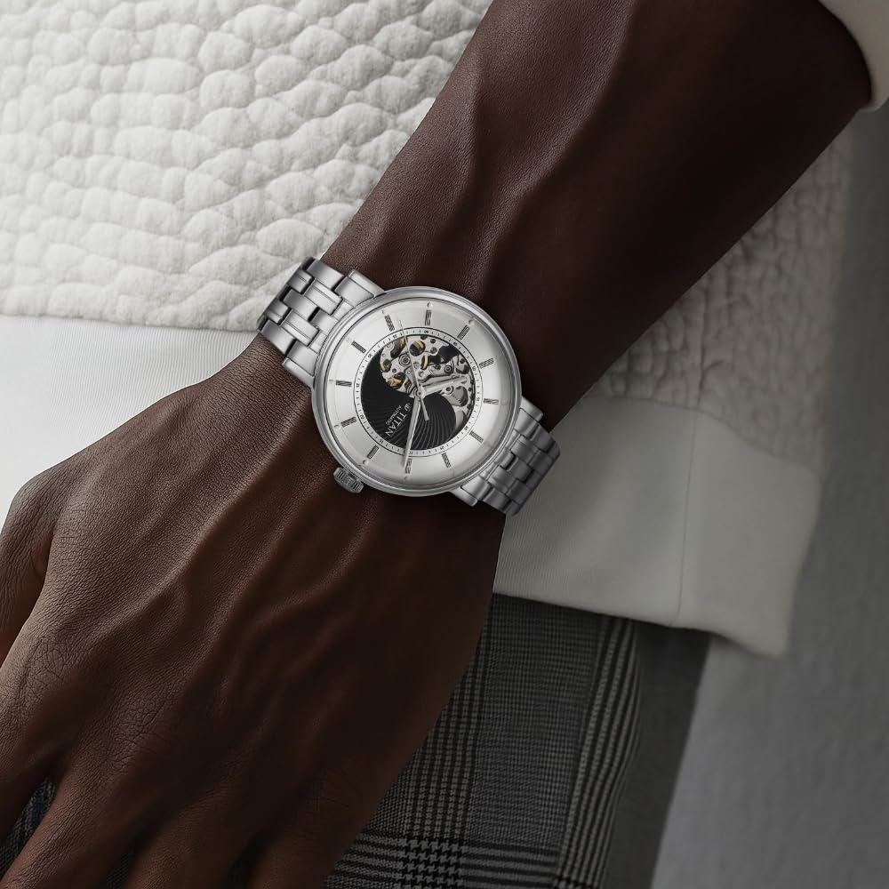 Titan Yin Yang Skeletal Automatic Analog with Black Dial Silver Stainless Steel Strap Watch for Men