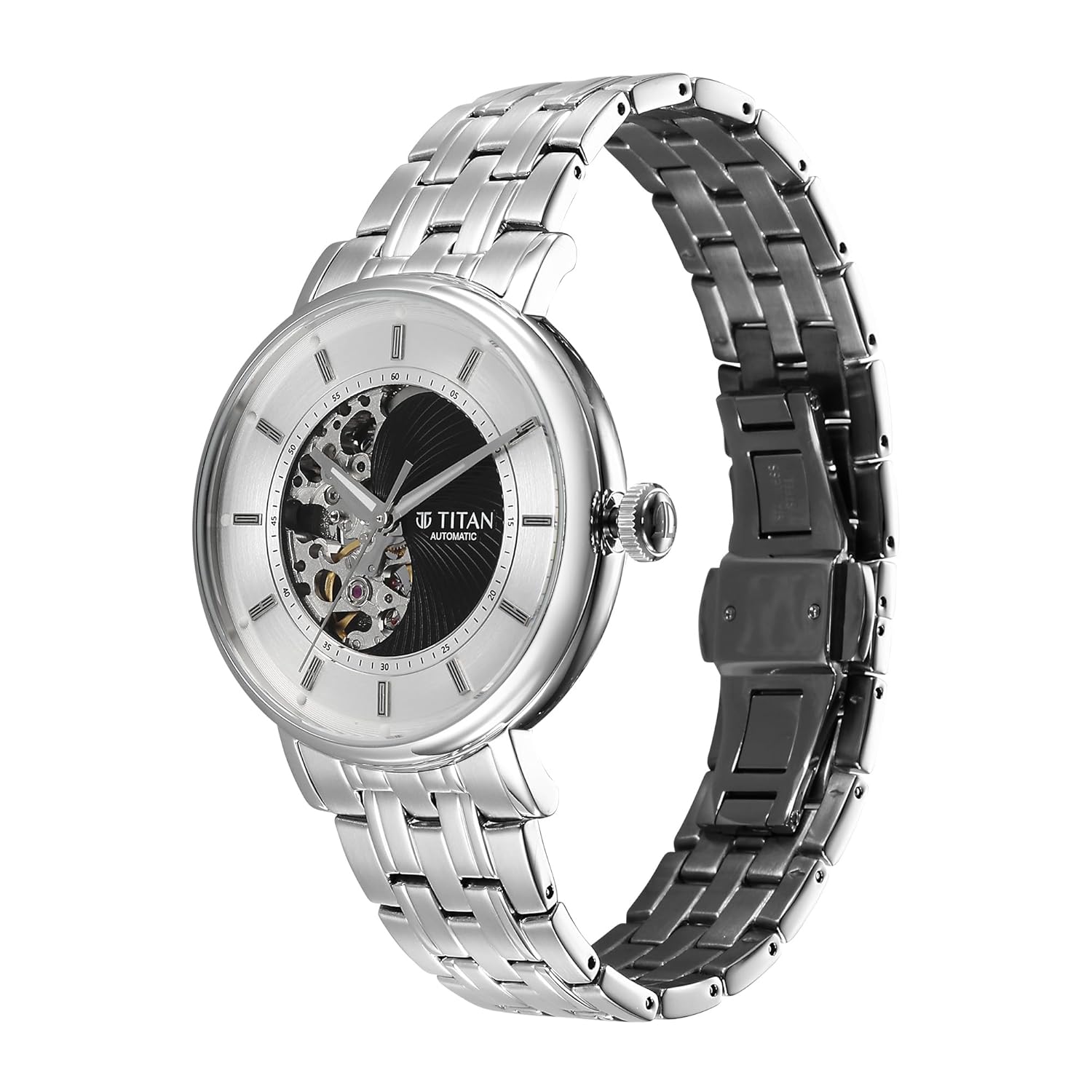 Titan Yin Yang Skeletal Automatic Analog with Black Dial Silver Stainless Steel Strap Watch for Men