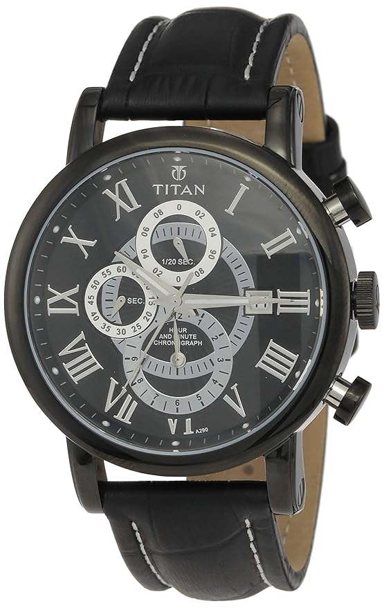 Titan Black Dial Black leather Strap Watch for Men