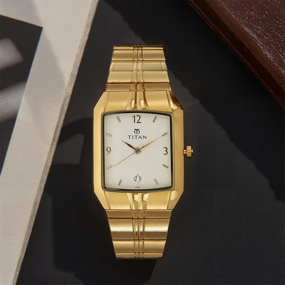 Titan Rectangle White Dial Analog with Date Metal Strap Watch for Men