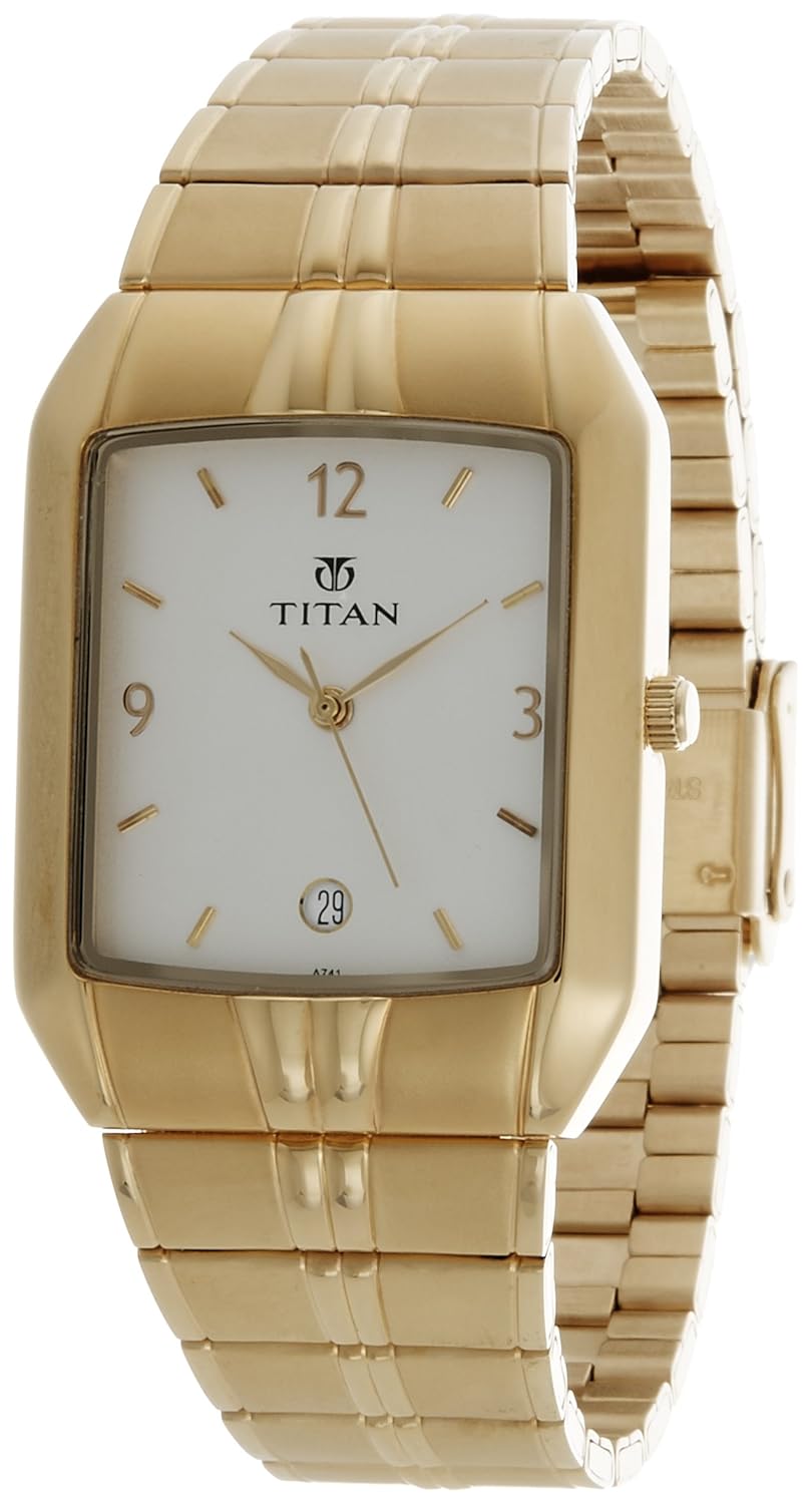 Titan Rectangle White Dial Analog with Date Metal Strap Watch for Men