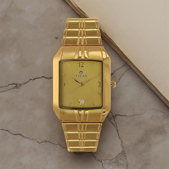 Titan Analog with Date Golden Dial Metal Strap watch for Men