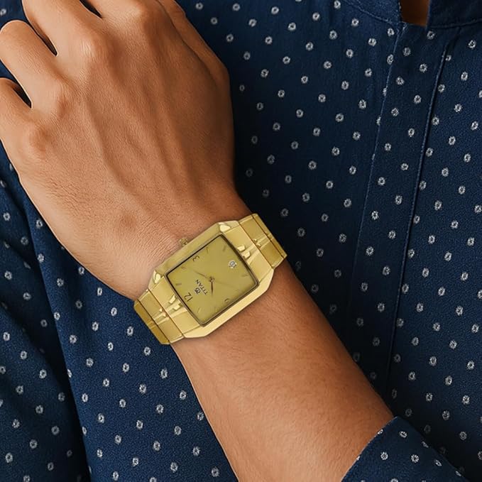 Titan Analog with Date Golden Dial Metal Strap watch for Men