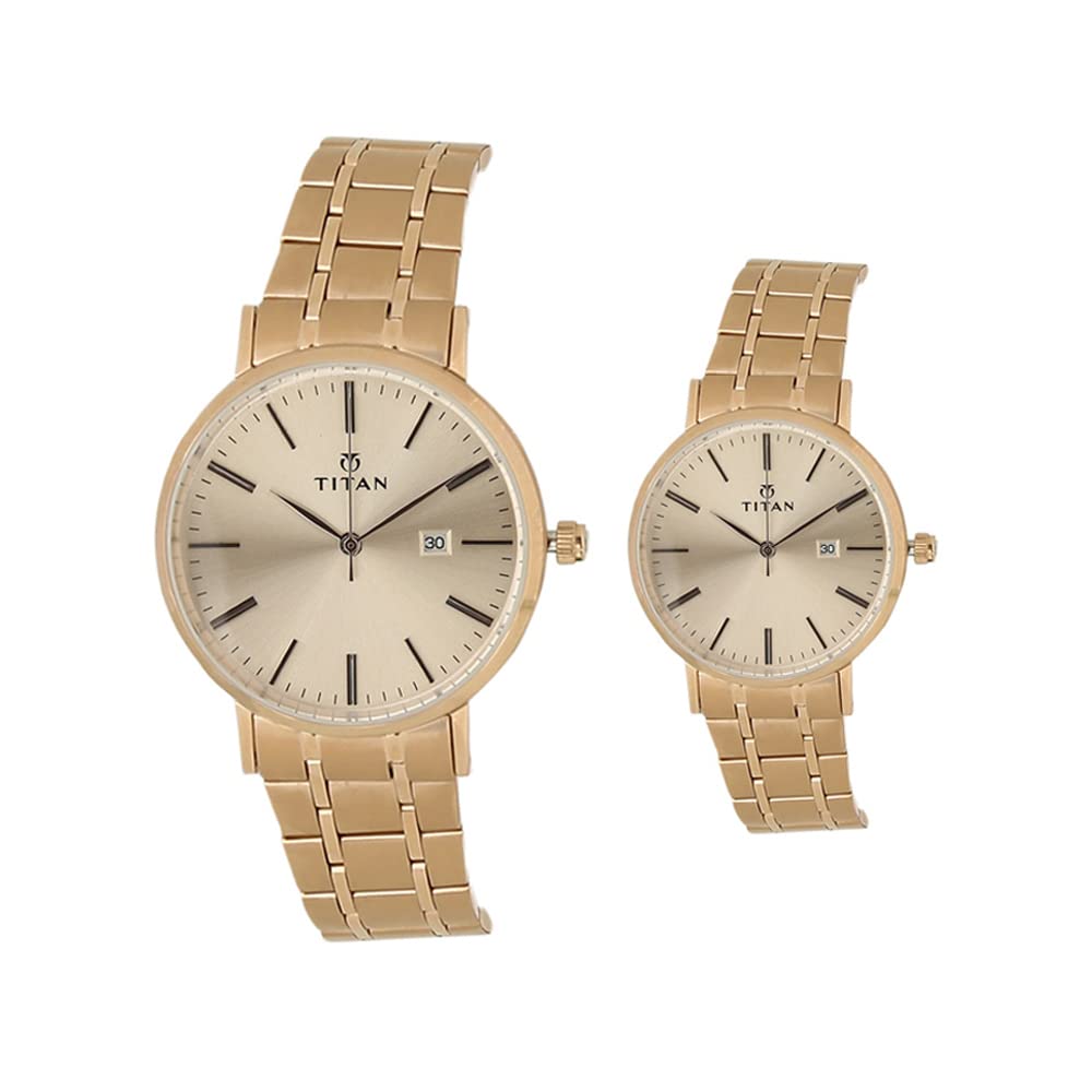 Titan Quartz Analog with Date Rose Gold Dial Stainless Steel Strap Watch for Couple