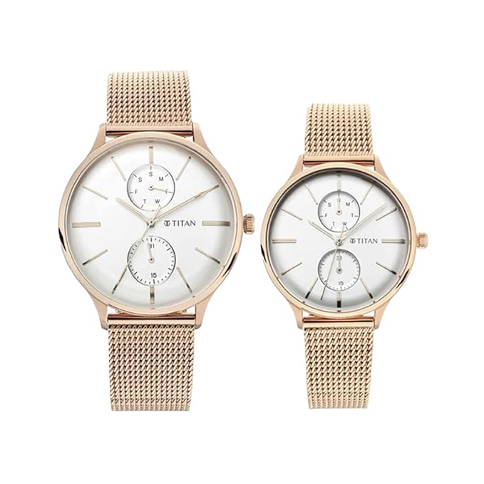 Titan Quartz Multifunction White Dial Stainless Steel Strap Watch for Couple
