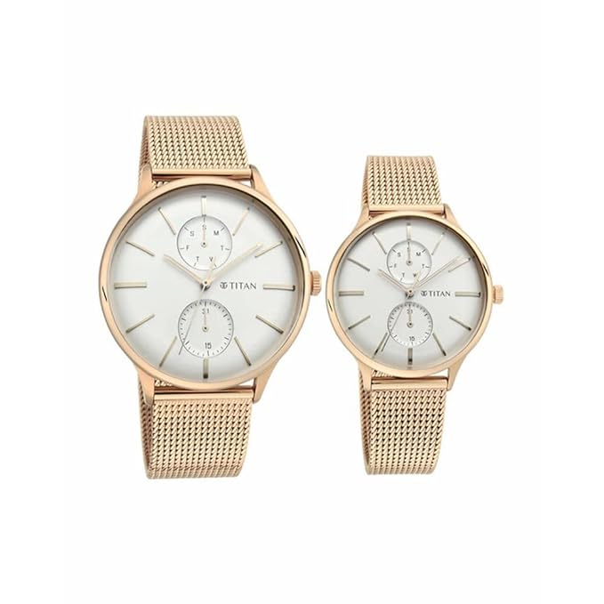 Titan Quartz Multifunction White Dial Stainless Steel Strap Watch for Couple
