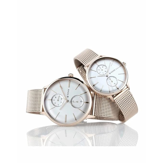 Titan Quartz Multifunction White Dial Stainless Steel Strap Watch for Couple