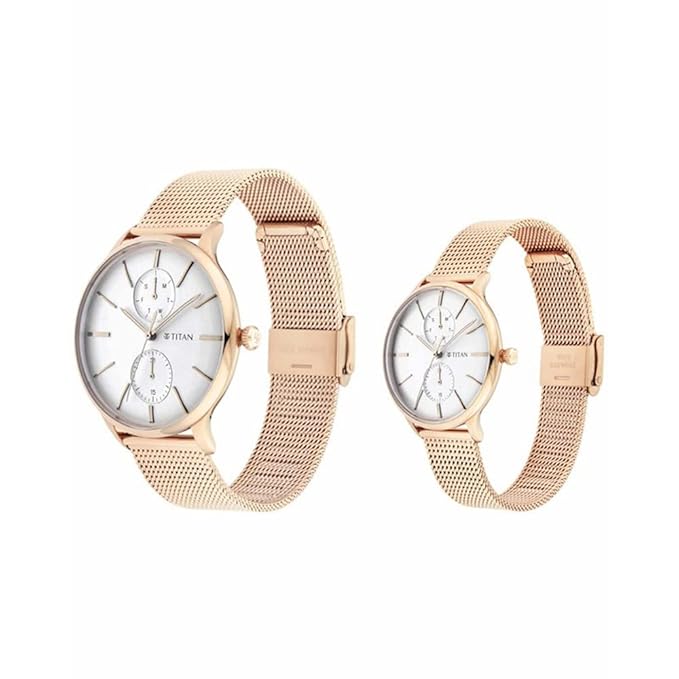 Titan Quartz Multifunction White Dial Stainless Steel Strap Watch for Couple
