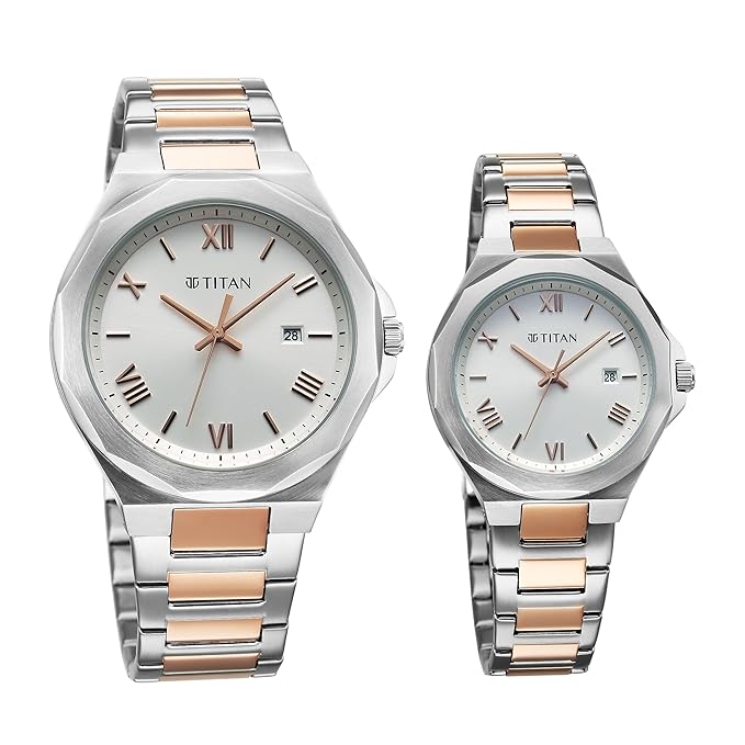 Titan Bandhan Quartz Analog with Date White Dial Two Toned Stainless Steel Strap Watch For Couple