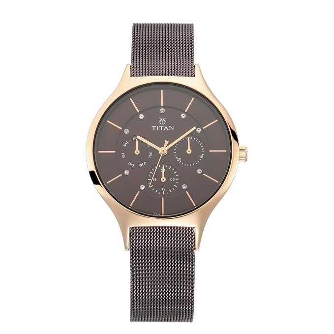 Titan Workwear Brown Dial Quartz Multifunction Metal Strap watch for Women