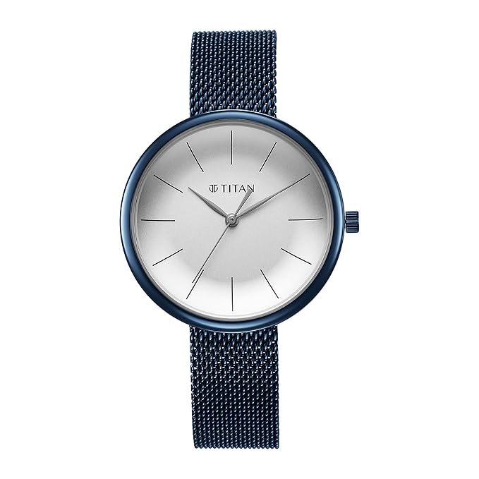 Titan Slimline Quartz Analog White Dial Blue Stainless Steel Strap Watch for Women