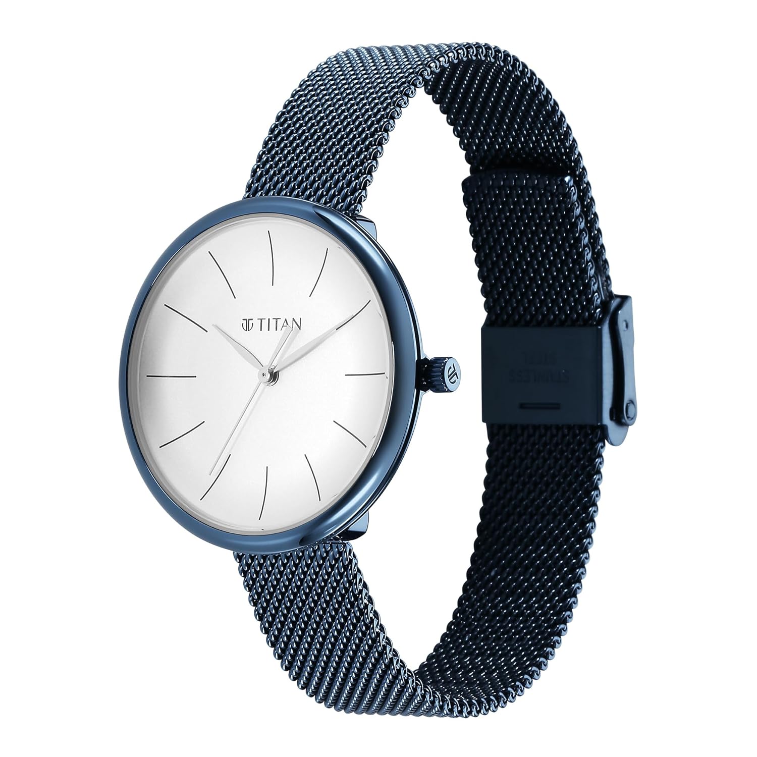Titan Slimline Quartz Analog White Dial Blue Stainless Steel Strap Watch for Women