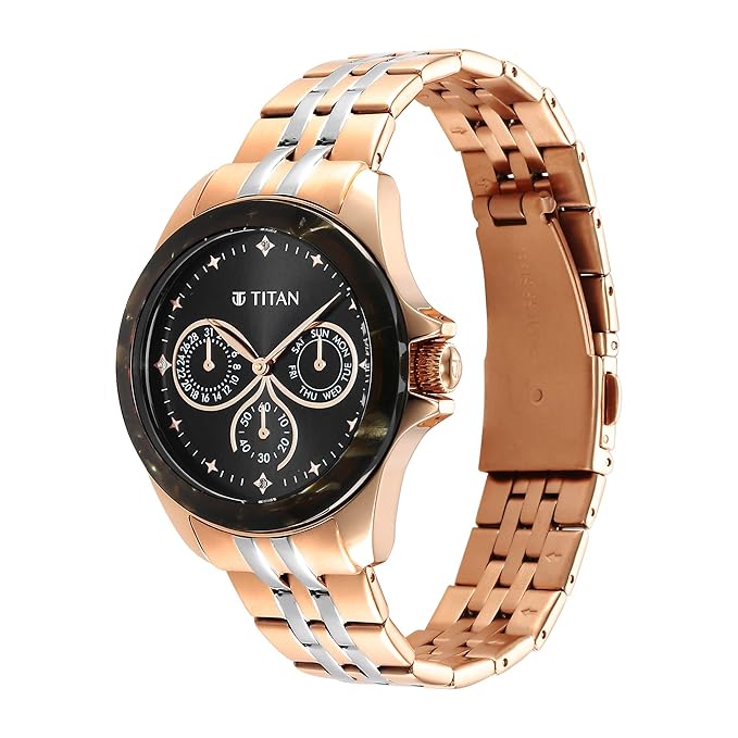 Titan Acetate Black Dial Analog with Day and Date Stainless Steel Strap Watch for Women