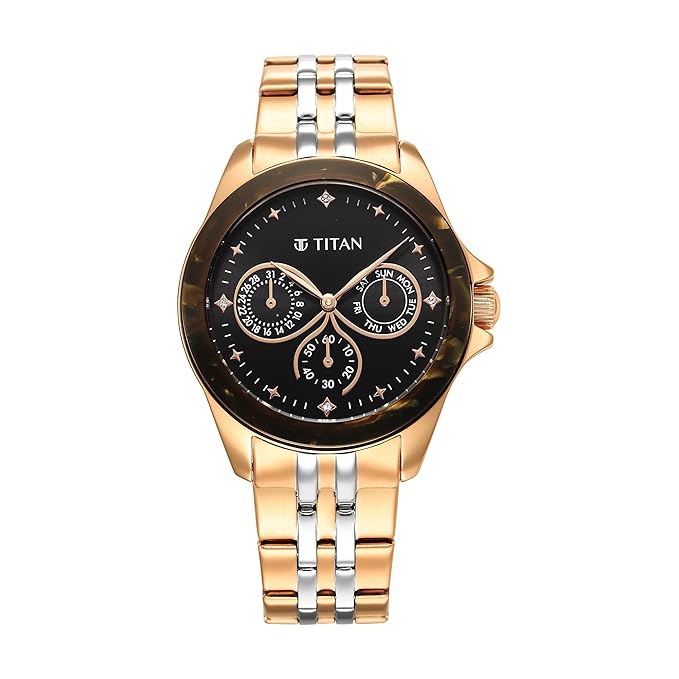 Titan Acetate Black Dial Analog with Day and Date Stainless Steel Strap Watch for Women