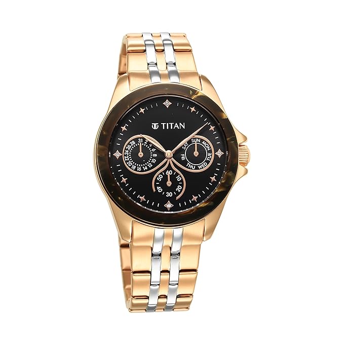 Titan Acetate Black Dial Analog with Day and Date Stainless Steel Strap Watch for Women