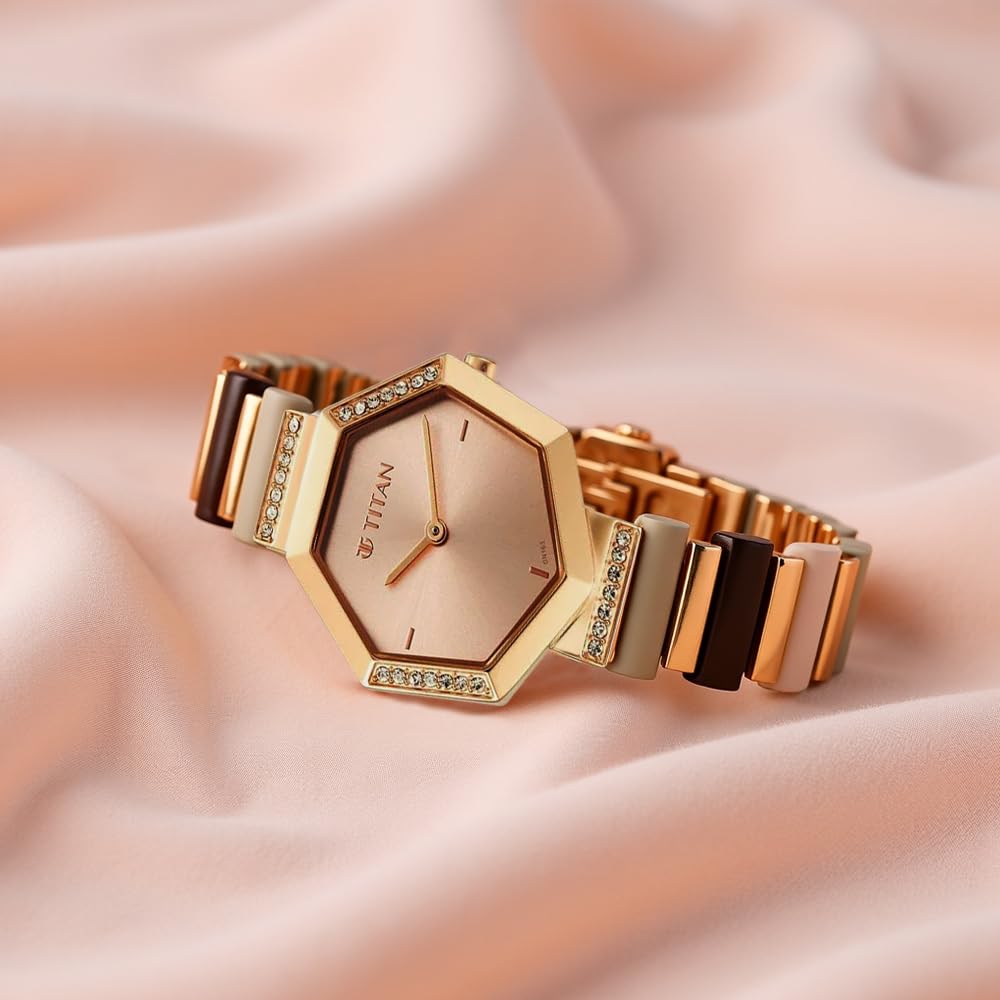 Titan Glitz Rose Gold Dial Analog Metal and Plastic Strap watch for Women