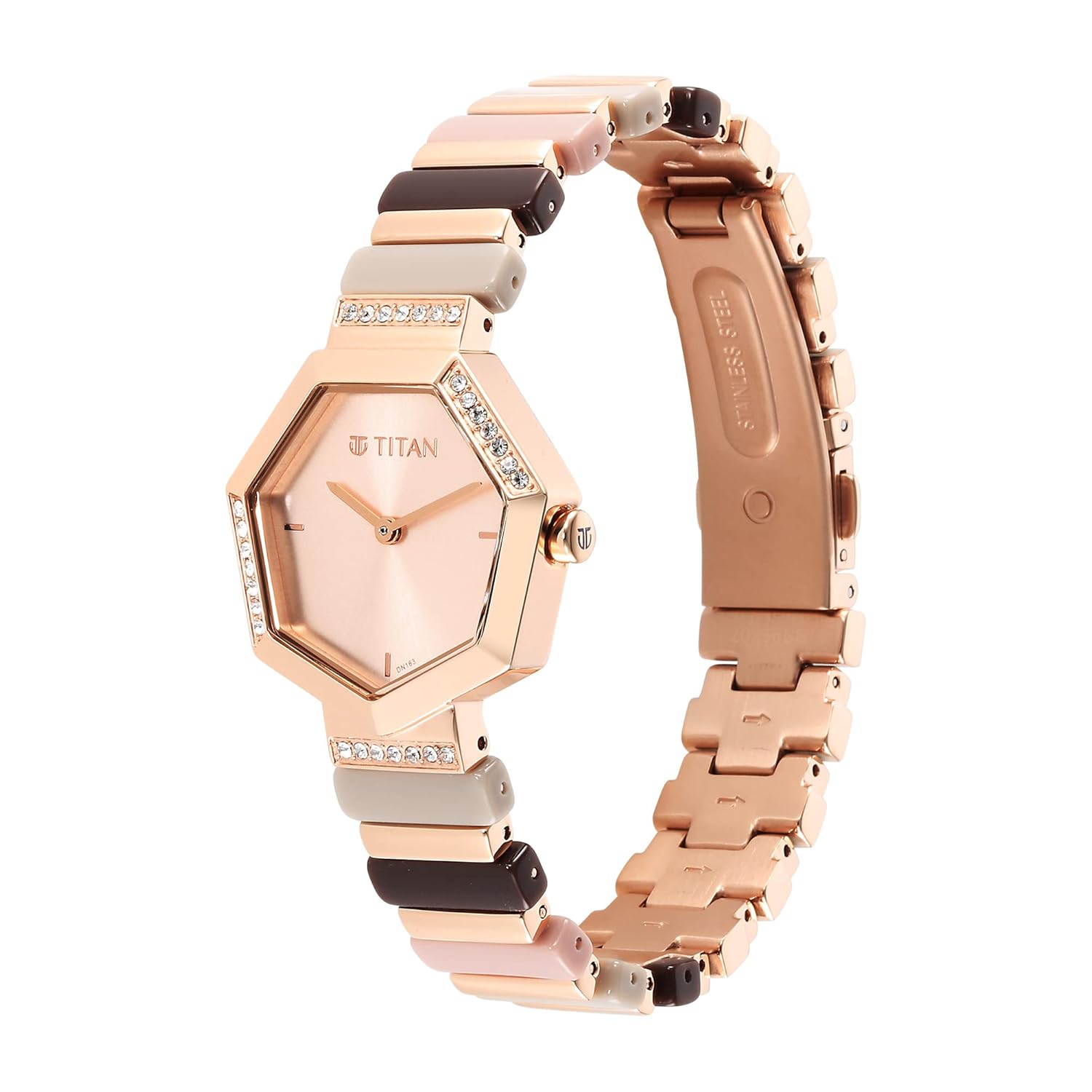 Titan Glitz Rose Gold Dial Analog Metal and Plastic Strap watch for Women