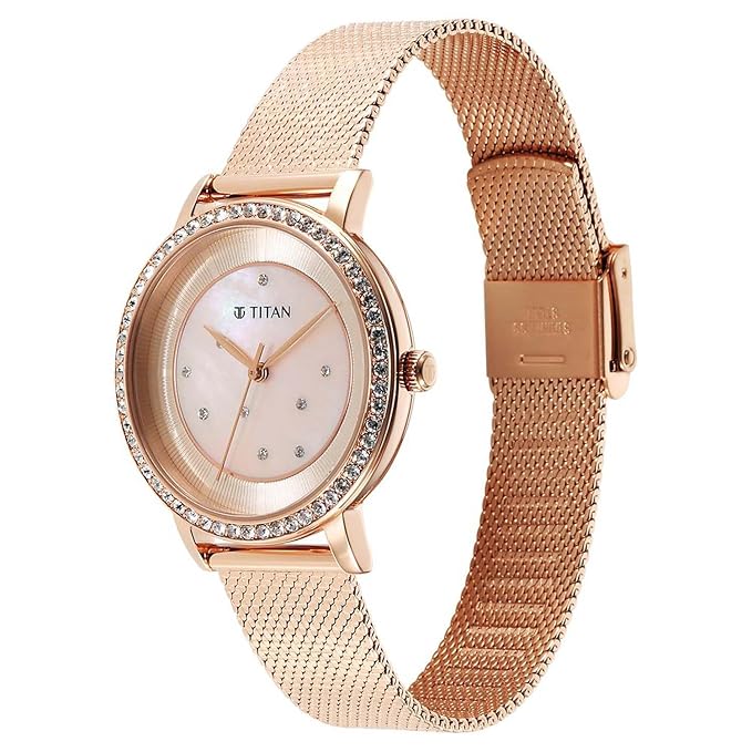 Titan Purple Style Up Quartz Analog Pink Dial Stainless Steel Strap Watch for Women