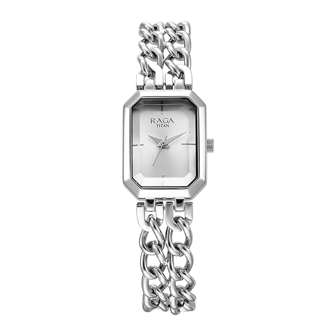 Titan Raga Showstopper Quartz Analog Silver Dial Silver Metal Strap Rectangular Shaped Watch For Women