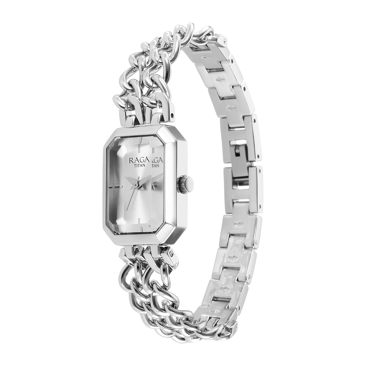 Titan Raga Showstopper Quartz Analog Silver Dial Silver Metal Strap Rectangular Shaped Watch For Women