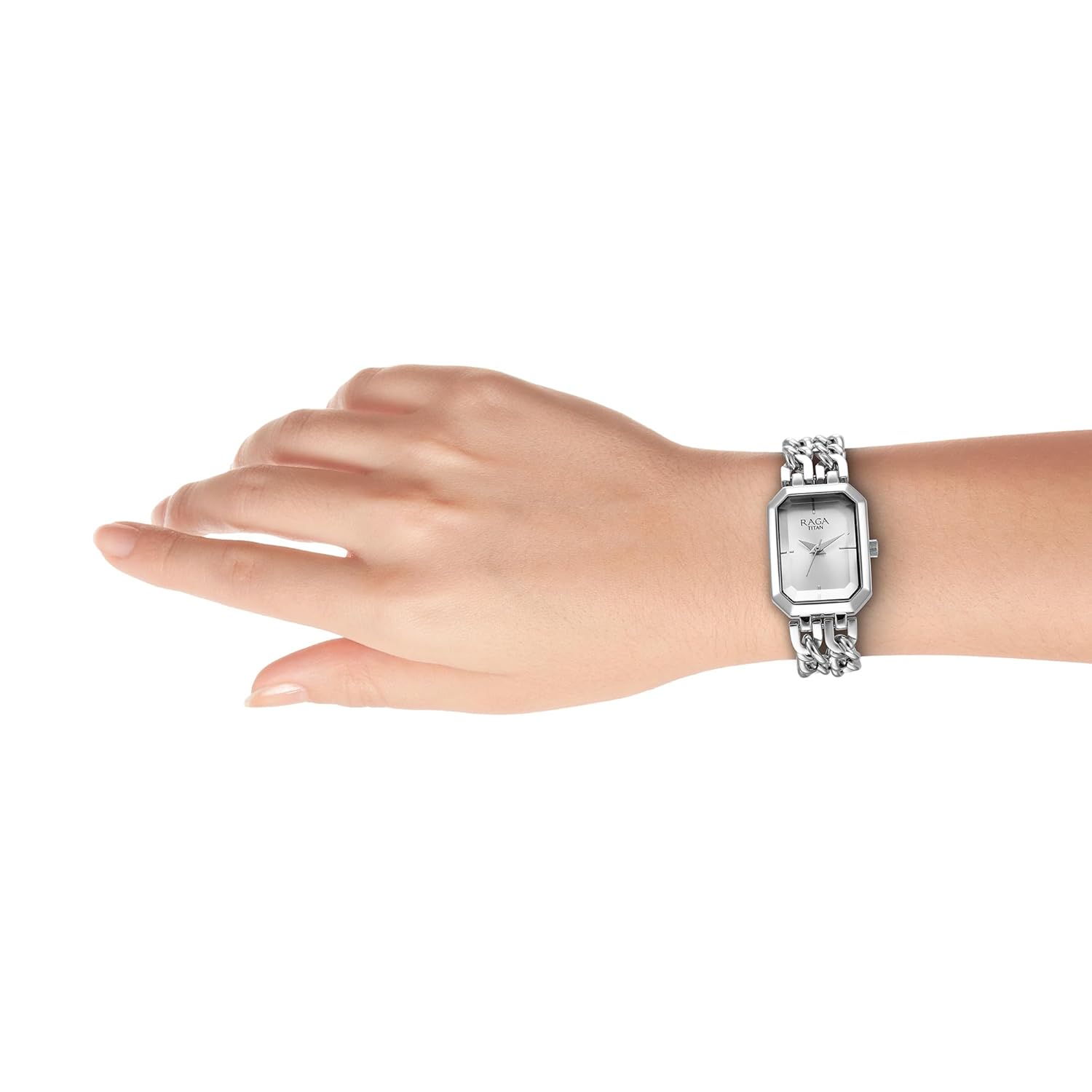 Titan Raga Showstopper Quartz Analog Silver Dial Silver Metal Strap Rectangular Shaped Watch For Women