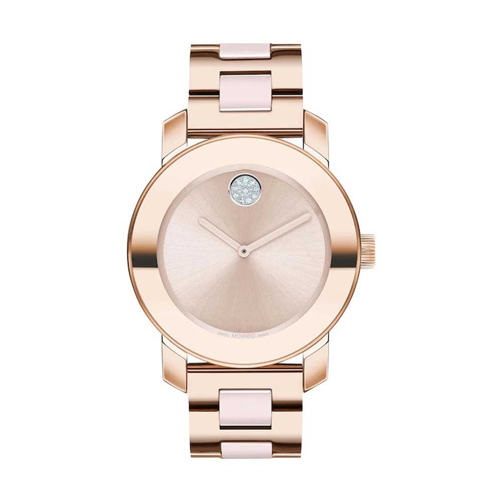 Bold Ceramic Women Quartz Rose Gold Dial Analog Stainless Steel Watch