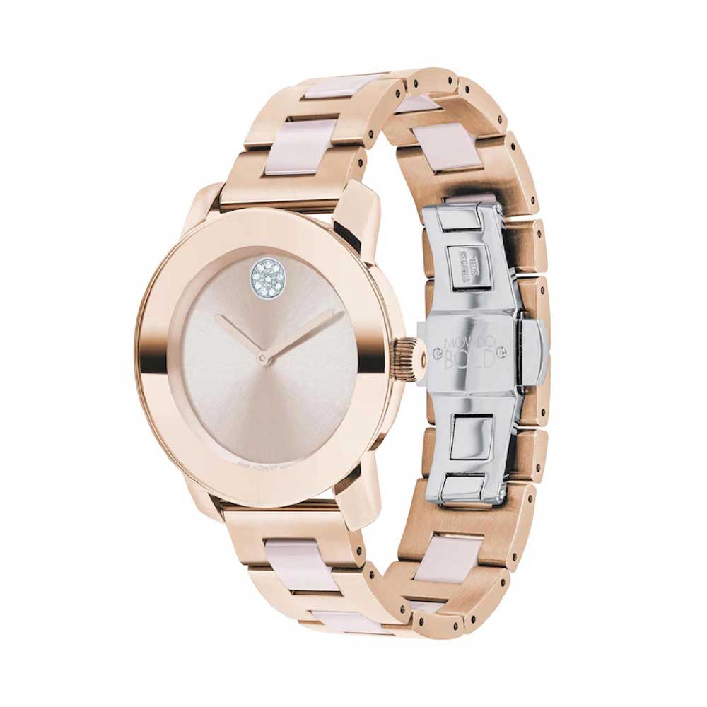 Bold Ceramic Women Quartz Rose Gold Dial Analog Stainless Steel Watch