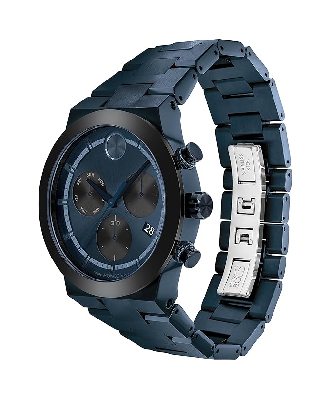 Movado Bold Men's Swiss Quartz Stainless Steel and Link Bracelet Watch, Color: Blue