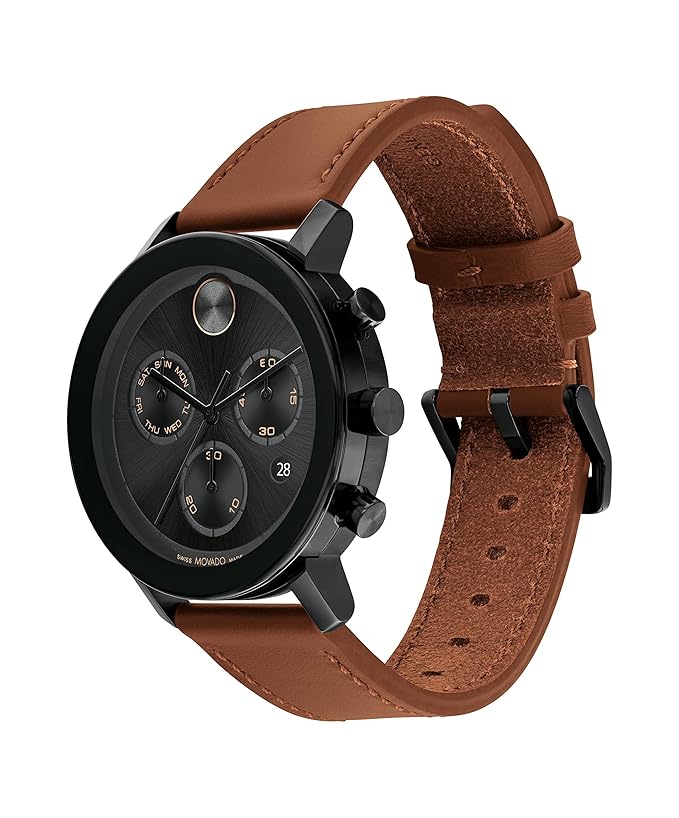 Movado Men's Bold Evolution Black Ion-Plated Stainless Steel Case with a Brown Leather Strap Swiss Quartz Watch, Black