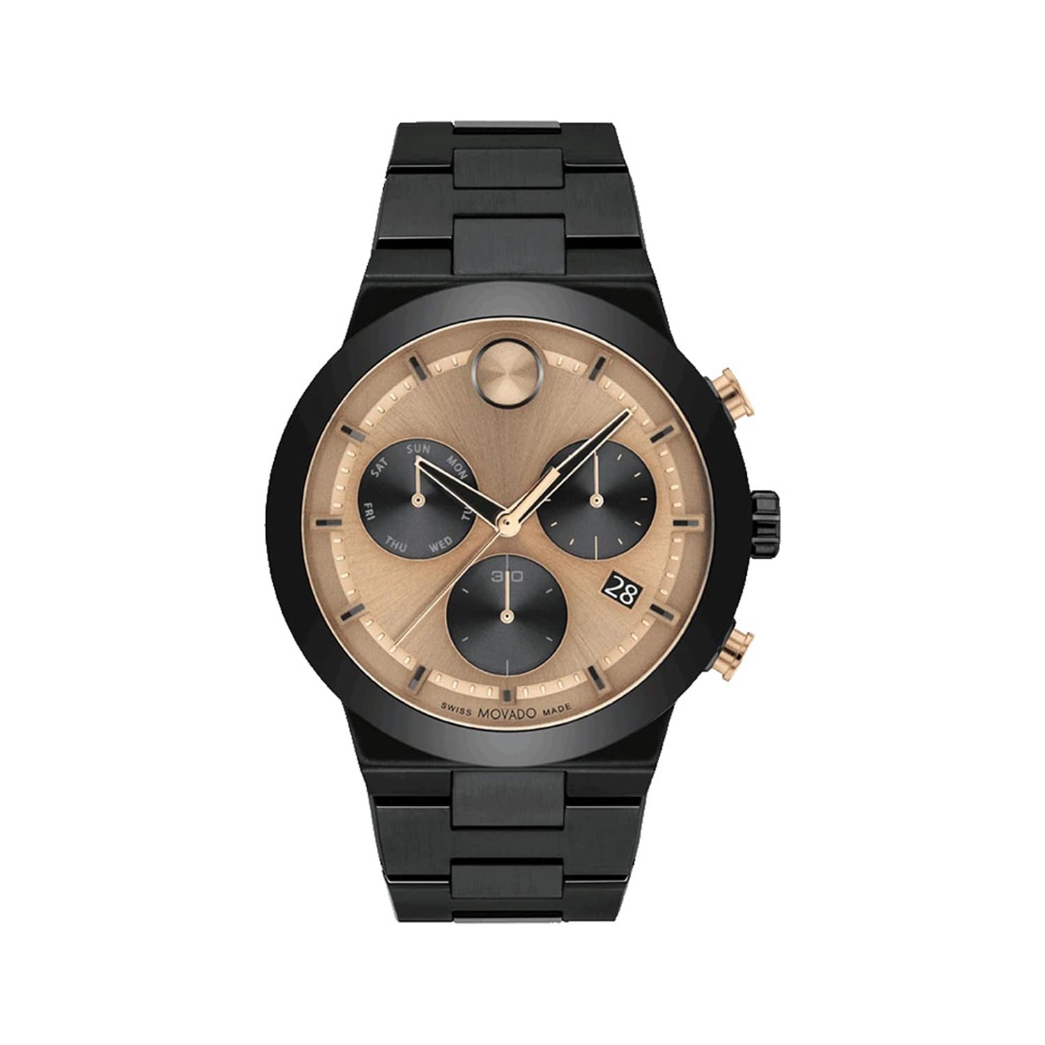 Movado Bold Fusion Swiss Qtz Chrono Bronze Dial Men's Watch | Ionic Plated Black Steel Material | Black Color Band