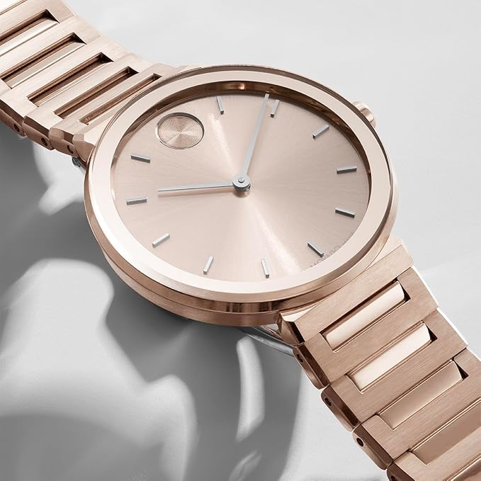 Movado Bold Horizon Women's Quartz Watch Rose Gold Dial Rose Gold Strap Pink Strap , Pink Bracelet