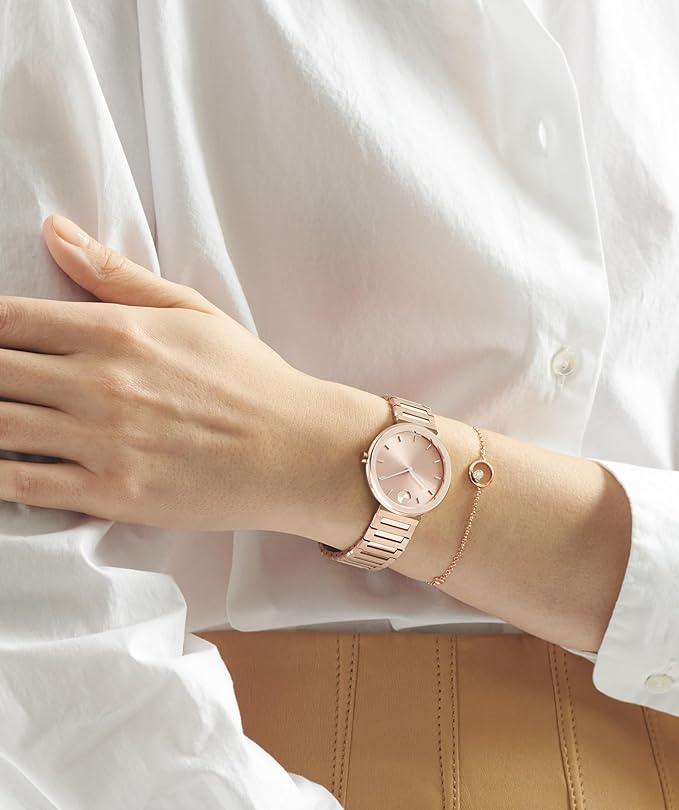 Movado Bold Horizon Women's Quartz Watch Rose Gold Dial Rose Gold Strap Pink Strap , Pink Bracelet