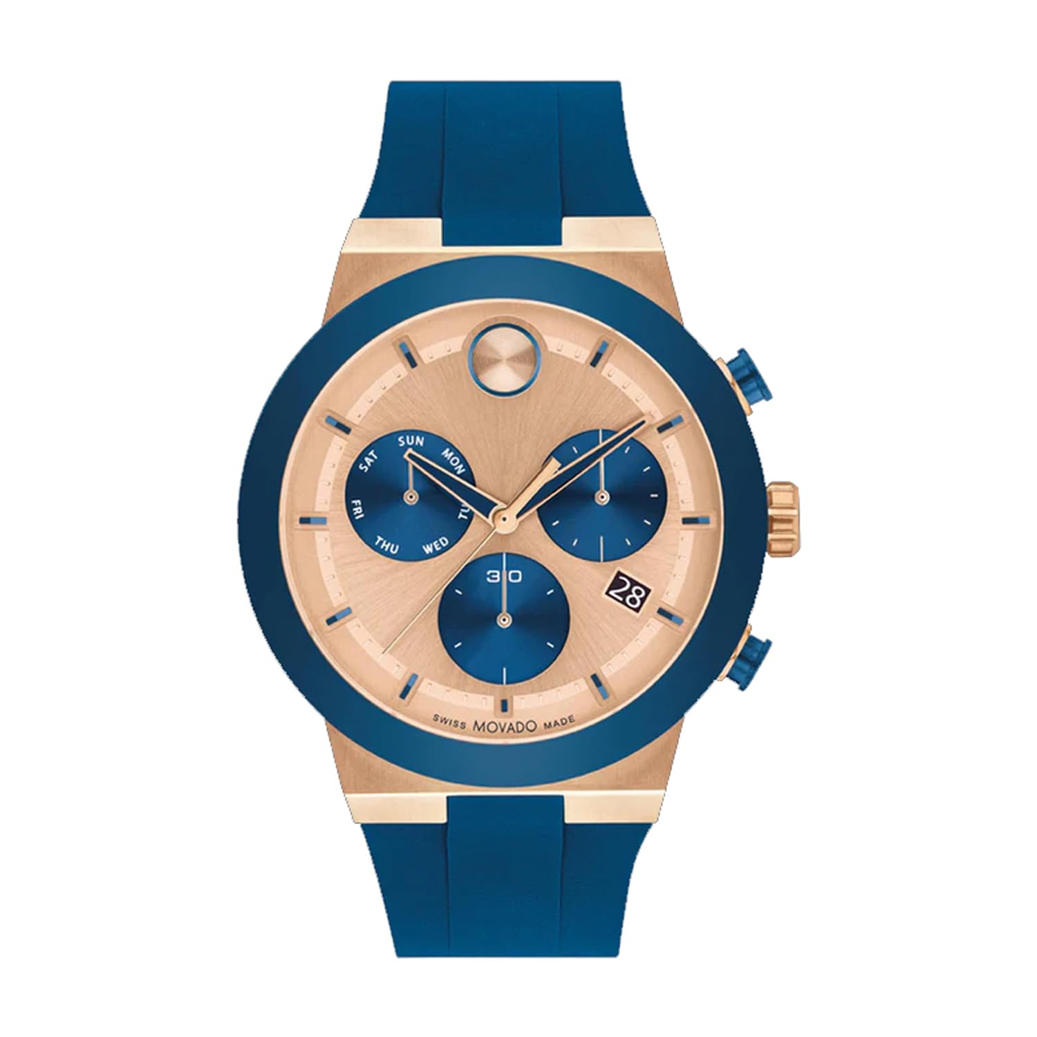 Movado Bold Fusion Swiss Qtz Chrono Rose Gold Dial Men's Watch | Blue Silicone Material | Blue Color Band
