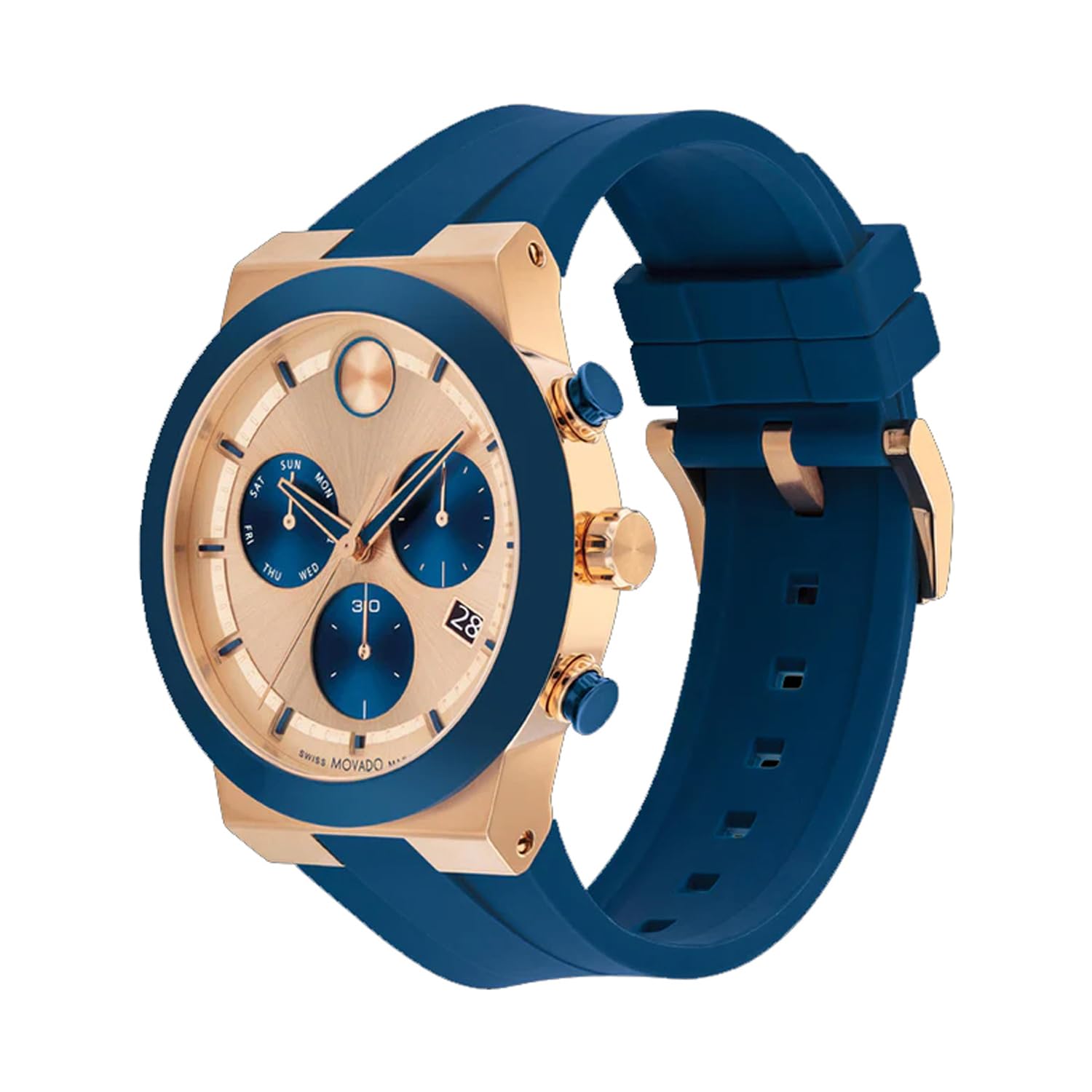 Movado Bold Fusion Swiss Qtz Chrono Rose Gold Dial Men's Watch | Blue Silicone Material | Blue Color Band
