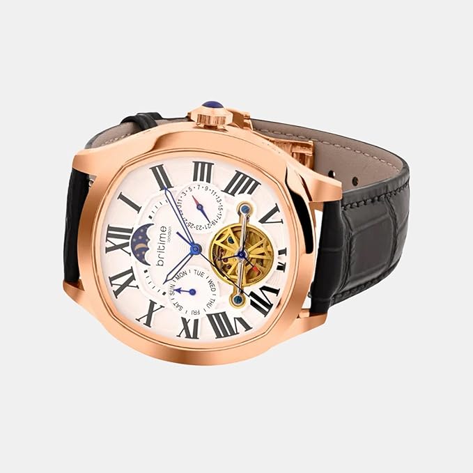 Men Automatic Silver Dial Multi-Function Leather Watch