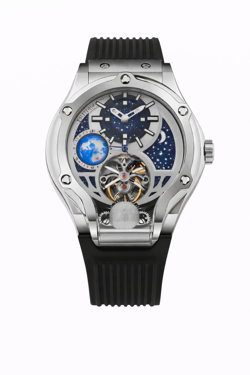 Asteroid Men’s Automatic Watch – Silver Dial, Black Silicon Strap, Multi-Function Stylish Timepiece for Any Occasion