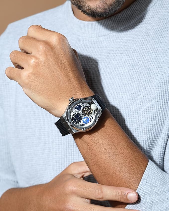 Asteroid Men’s Automatic Watch – Silver Dial, Black Silicon Strap, Multi-Function Stylish Timepiece for Any Occasion