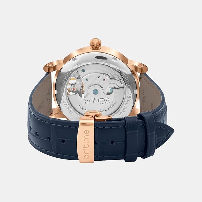 Stellor Open Heart Men Automatic Blue Dial Multi-Function Leather Watch