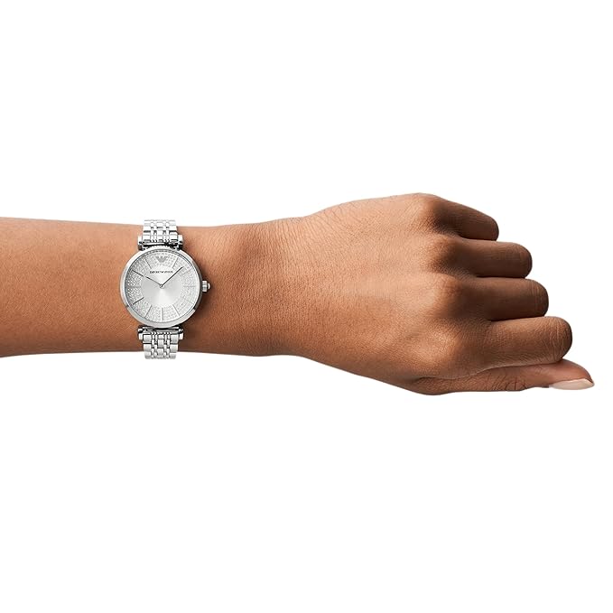 Emporio Armani Stainless Steel Gianni T-Bar Analog Silver Dial Women Watch Silver Band
