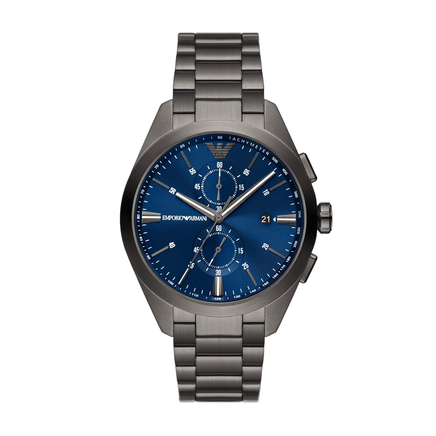 Emporio Armani Mens 43 mm Blue Dial Stainless Steel Chronograph Watch