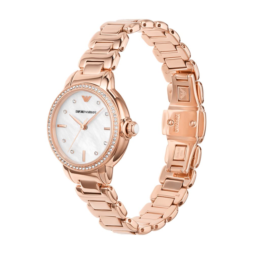 Emporio Armani Stainless Steel Analog White Dial Women Watch , Rose Gold Band