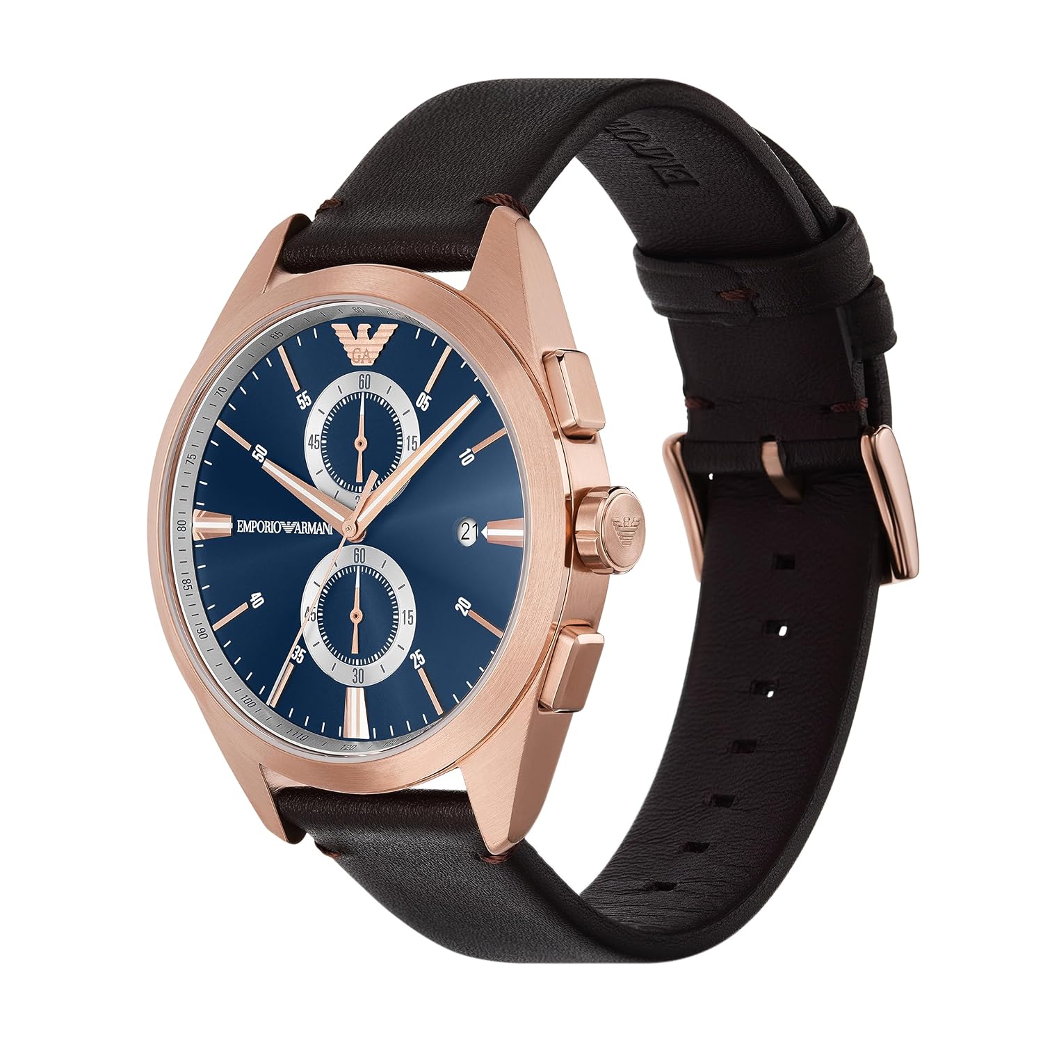 Emporio Armani Leather Analog Blue Dial Men Watch , Brown Band