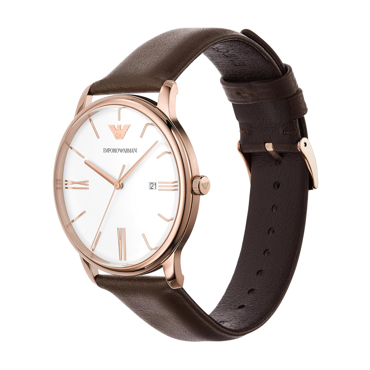 Emporio Armani Leather Analog White Dial Men Watch , Brown Band