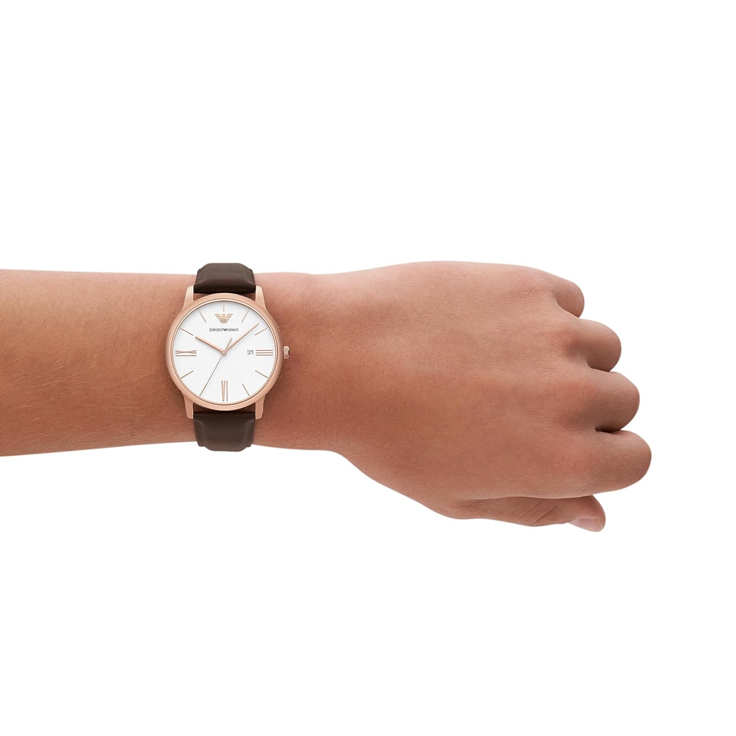 Emporio Armani Leather Analog White Dial Men Watch , Brown Band