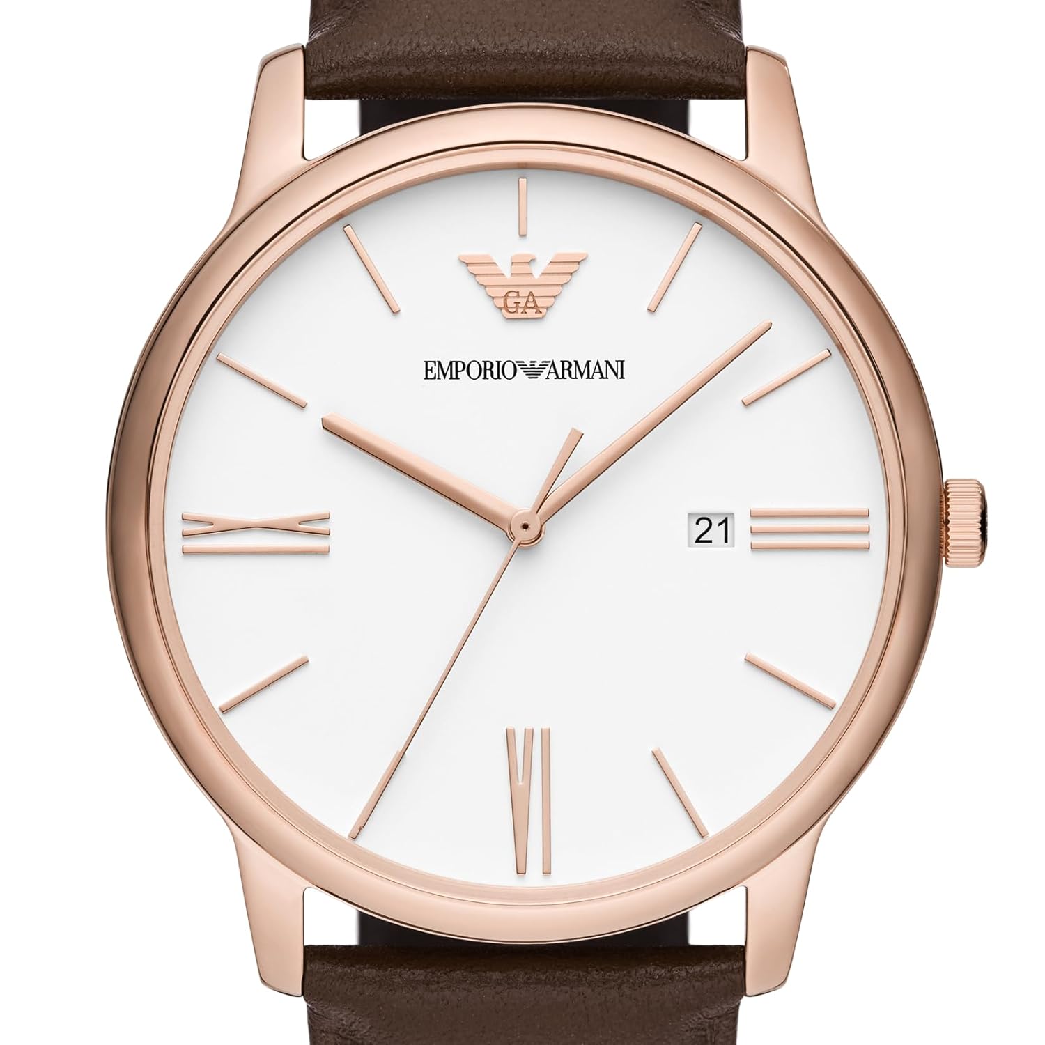Emporio Armani Leather Analog White Dial Men Watch , Brown Band